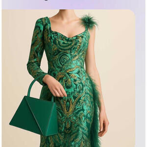 Elegant Green Embroidered Evening Dress with Feather Accents